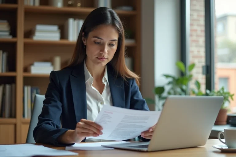 Femme professionnelle révisant son CV dans un bureau à domicile moderne pour optimiser sa recherche d'emploi en 2024