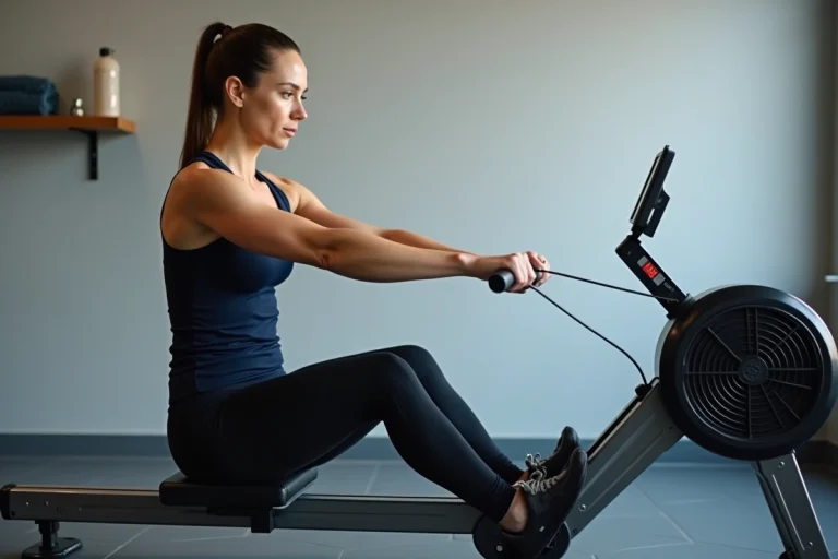 Femme pratiquant le rameur Striale dans une salle de fitness à domicile, vue en 3/4 montrant la posture et l'équipement complet