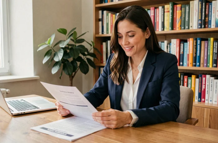 Femme consultant des offres d'emploi dans l'éducation à son bureau à domicile
