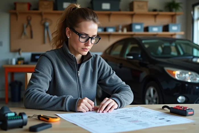 Femme consultant un schéma électrique de boîtier BPGA sur un établi de garage avec les fusibles et outils de diagnostic posés à côté