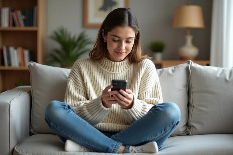 Femme en pull tricoté parcourant une application de shopping en ligne sur smartphone, assise sur un canapé gris dans un salon moderne