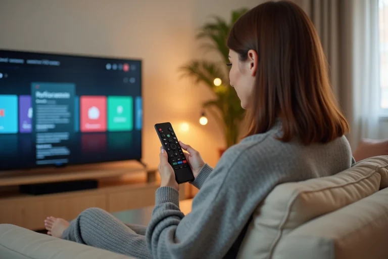 Femme utilisant une Smart TV connectée à internet depuis son salon avec une télécommande