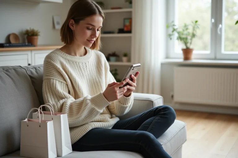 Jeune femme consultant les soldes Zalando sur son smartphone dans un salon moderne et cosy