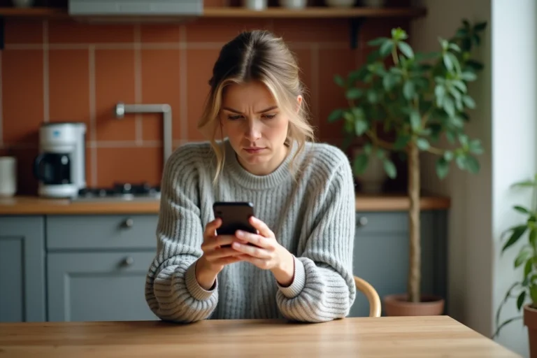 Femme vérifiant un numéro de téléphone commençant par 05 sur son smartphone avec une expression de doute
