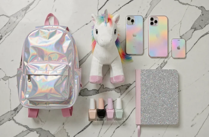 Flat lay éditorial des nouveautés licorne de la saison : sac holographique, peluche, accessoires irisés et papeterie scintillante sur marbre