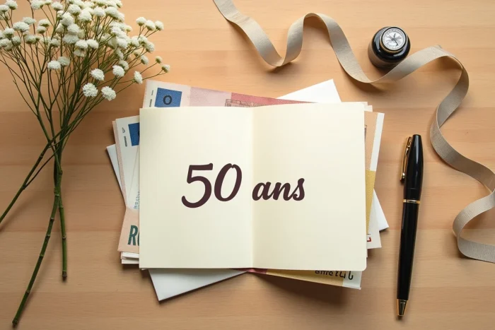 Flatlay élégant d'une enveloppe de billets et d'une carte pour un cadeau de 50e anniversaire