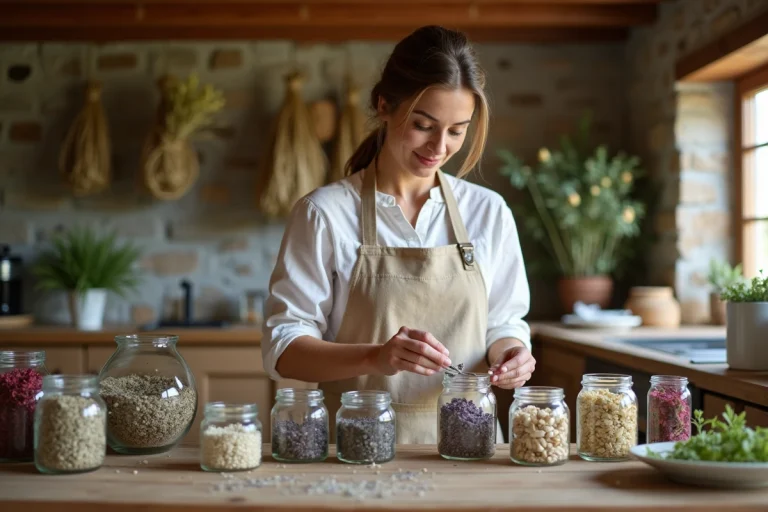 Femme arrangeant des fleurs bio séchées comme camomille et lavande dans des bocaux en verre dans une cuisine rustique en pierre