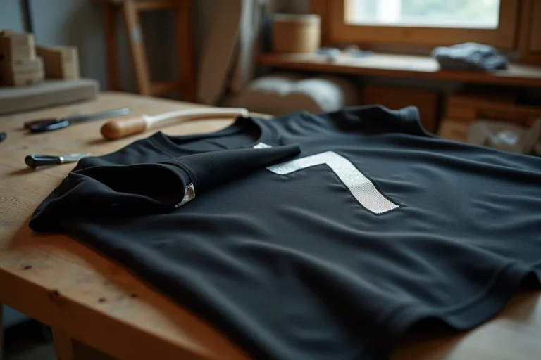 Gros plan sur un flocage sport en vinyle qui se décolle d'un maillot en coton noir, révélant des bords recourbés et un résidu d'adhésif visible sur le tissu