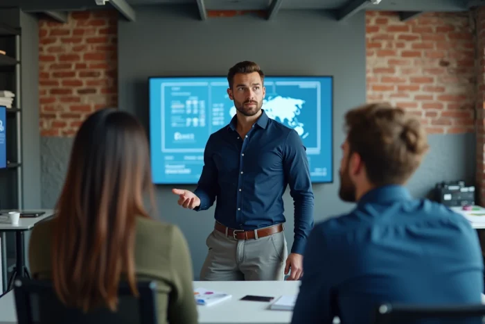 Professionnel présentant des données numériques à des collègues dans un espace de co-working moderne pour une formation digitale