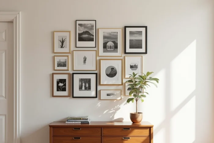Galerie murale personnalisée avec cadres assortis mêlant photos, illustrations et miroir dans un couloir moderne