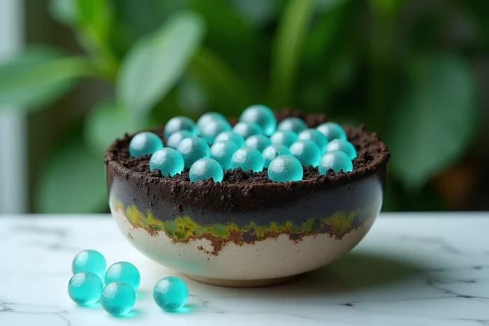 Gros plan sur des perles d'eau en hydrogel colorées dans la terre d'un pot de plante tropicale