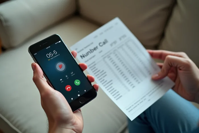 Gros plan d'un smartphone affichant un numéro 05 entrant comparé à une facture téléphonique pour identifier les surtaxes