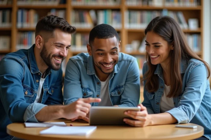 Groupe d'adultes en formation numérique collaborant autour d'une tablette dans une bibliothèque universitaire