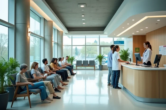 Hall d'accueil et zone de triage d'un hôpital public moderne avec personnel et patients, symbolisant les enjeux du service public hospitalier et son principe de mutabilité