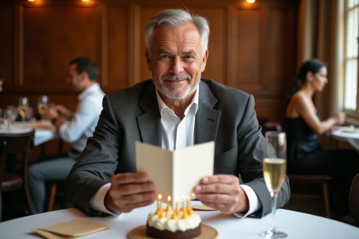 Homme fêtant ses 50 ans au restaurant avec une carte d'anniversaire et des enveloppes de cadeaux