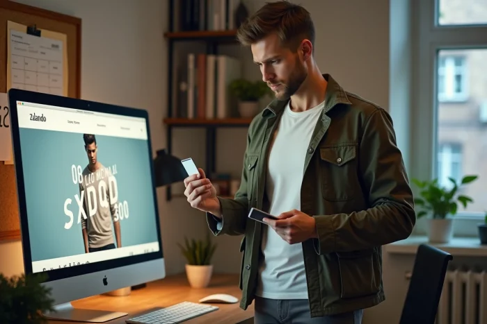 Homme faisant ses achats en ligne lors des soldes Zalando depuis un bureau à domicile