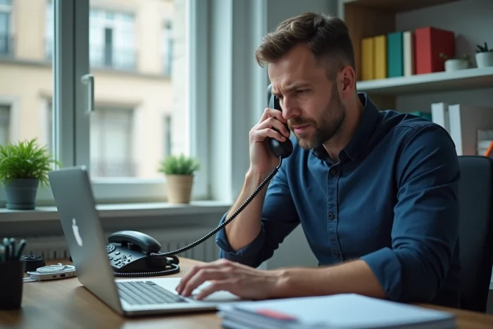 Homme au bureau vérifiant si un numéro 05 est surtaxé sur un site de télécommunications