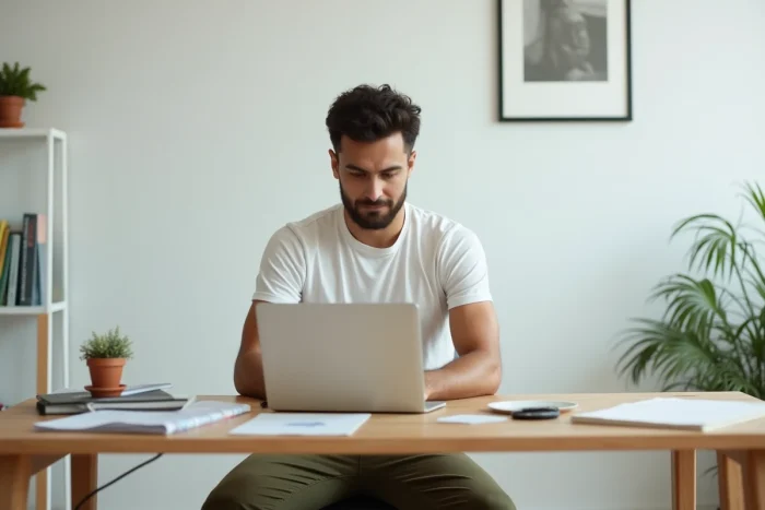 Homme consultant un ordinateur portable pour comparer des produits en ligne à son bureau, avec une carte bancaire posée à côté du clavier