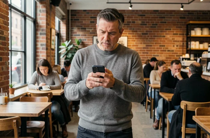 Man checking the privacy of his data on a smartphone in an urban café, representing the stakes of digital privacy in 2026