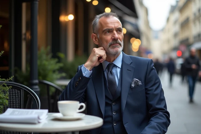Homme en costume bleu marine assis en terrasse de café parisien avec une expression réfléchie