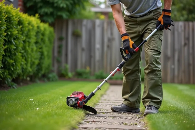 Homme utilisant un coupe-bordure thermique le long d'une allée de jardin en pierre