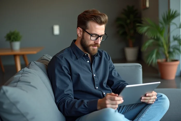 Homme aux lunettes consultant une interface de blog sur une tablette, assis en tenue décontractée dans un salon moderne minimaliste avec des plantes d'intérieur