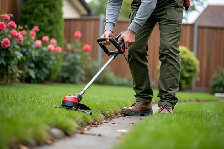 Homme utilisant une débroussailleuse électrique Parkside pour border une pelouse dans un jardin bien entretenu