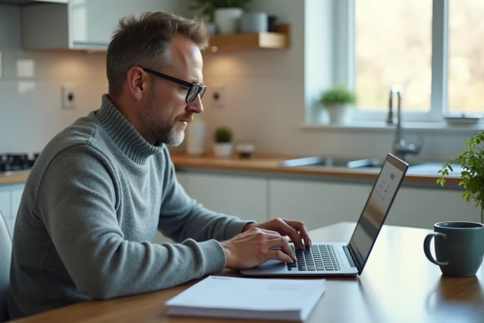 Homme utilisant un ordinateur portable pour gérer ses chèques emploi service universel à domicile