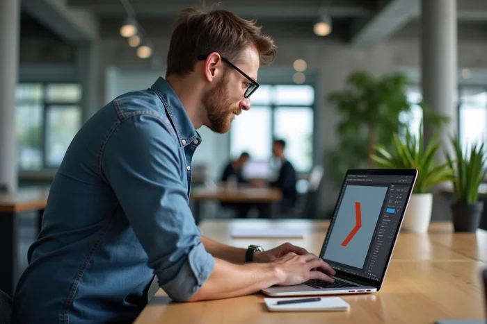 Homme graphiste utilisant Adobe InDesign sur un ordinateur portable dans un bureau moderne pour créer des flèches vectorielles