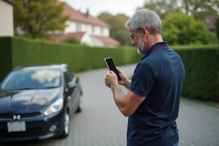 Homme photographiant une voiture d'occasion pour publier une annonce sur un site de petites annonces