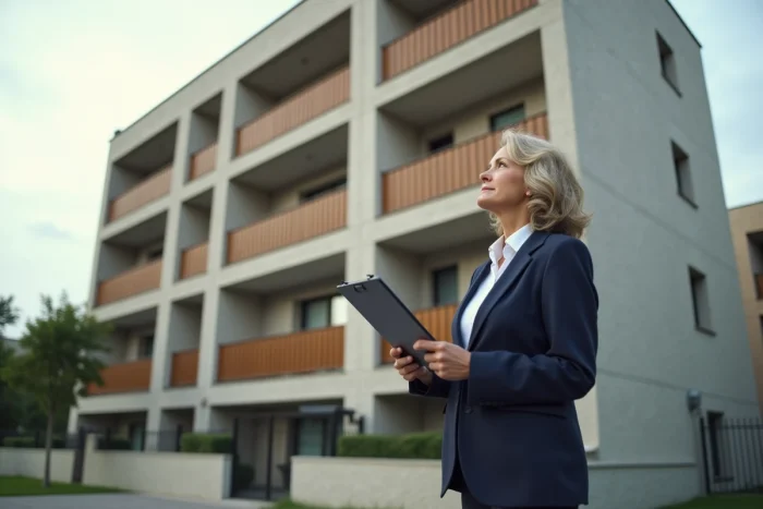 Immeuble résidentiel éligible au dispositif Scellier avec conseillère immobilière évaluant la prolongation de la défiscalisation