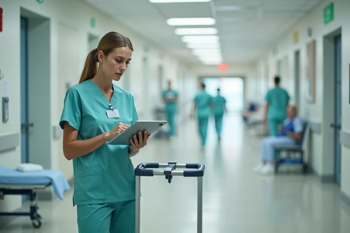 Infirmière consultant de nouveaux protocoles de soins sur tablette numérique dans un couloir hospitalier, illustrant l'adaptation continue du service public de santé
