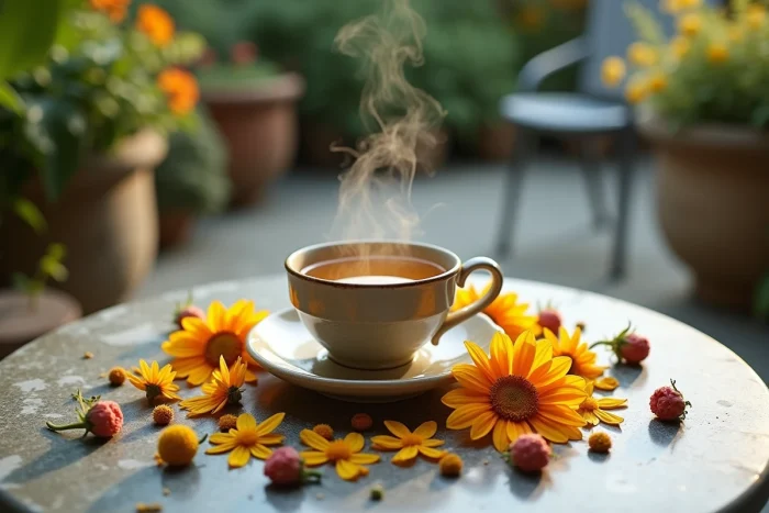 Tasse de thé aux fleurs bio avec calendulas et bleuets séchés sur marbre dans un jardin