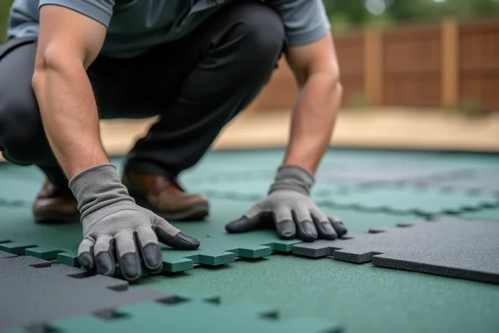 Pose de dalles amortissantes en caoutchouc sur une aire de jeux par un professionnel