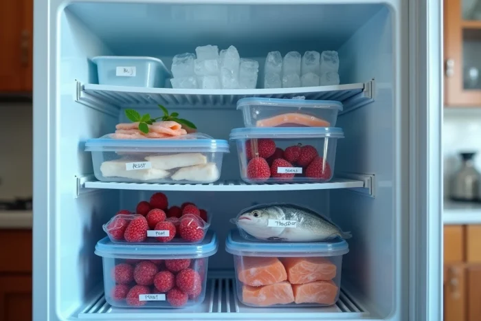 Intérieur organisé d'un surgélateur particulier avec des aliments bien étiquetés et stockés