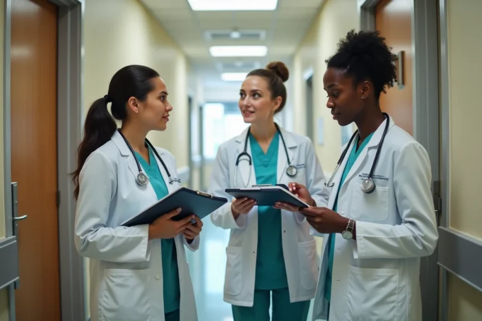 Groupe de jeunes médecins résidents en blouse blanche discutant devant une chambre d'hôpital, illustrant l'internat et les étapes finales du cursus médical en France