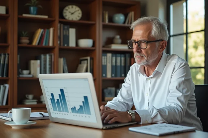 Investisseur immobilier analysant des données financières sur ordinateur dans un bureau à domicile
