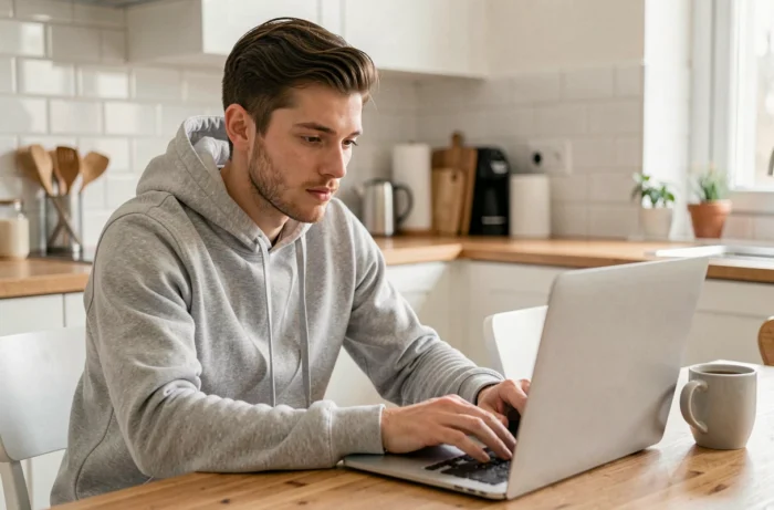 Young man comparing insurance offers online on his laptop in his kitchen