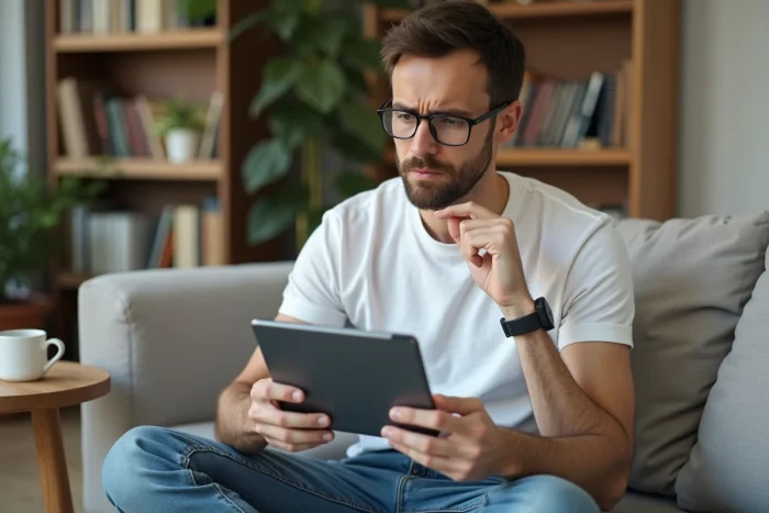 Jeune homme consultant une tablette pour résoudre un problème d'accès à My Arkevia depuis son salon
