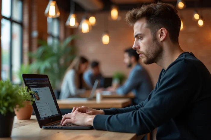 Jeune professionnel utilisant un ordinateur portable dans un espace de coworking pour booster sa carrière en 2024