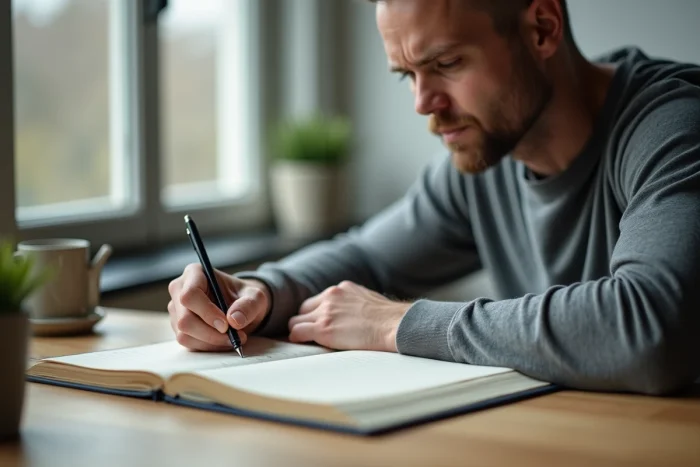 Homme écrivant dans un journal structuré pour organiser ses pensées et réduire la rumination mentale