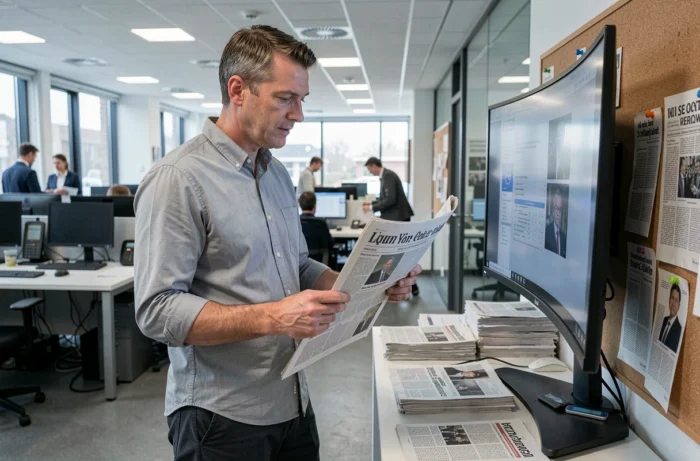Journaliste français dans une salle de rédaction examinant les dernières nouvelles