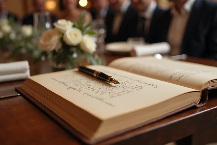 Livre d'or et stylo plume sur une table décorée lors d'une réception de mariage élégante