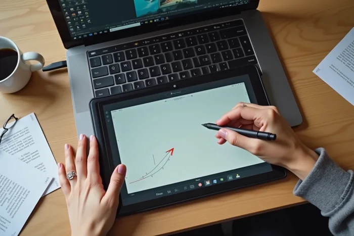Gros plan des mains d'un graphiste utilisant une tablette graphique avec Adobe InDesign ouvert pour dessiner une flèche