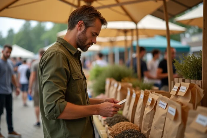 Homme lisant une étiquette de fleurs bio séchées pour infusion sur un stand de marché paysan