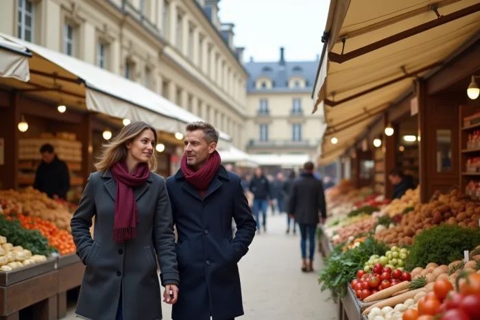 Marché Notre-Dame de Versailles animé avec vendeurs de produits frais et habitants sous les halles historiques
