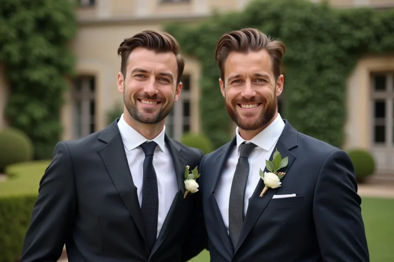 Deux hommes en costume élégant lors d'une cérémonie de mariage formelle devant un bâtiment en pierre français