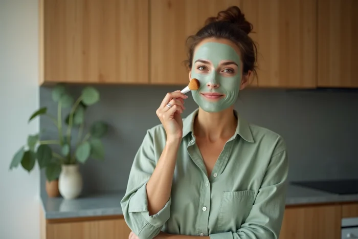 Femme d'une quarantaine d'années appliquant un masque hydratant dans une cuisine moderne, soin du visage tendance