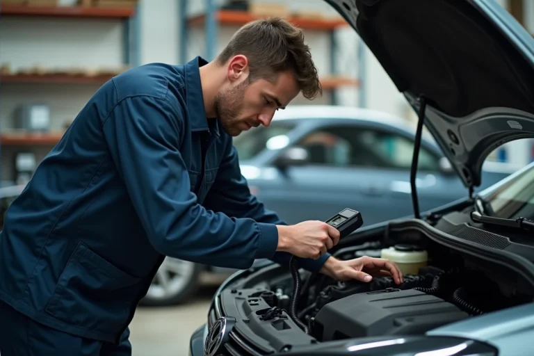 Mécanicien branchant un scanner OBD sur une Volkswagen Polo 5 dans un garage pour diagnostiquer le voyant moteur orange