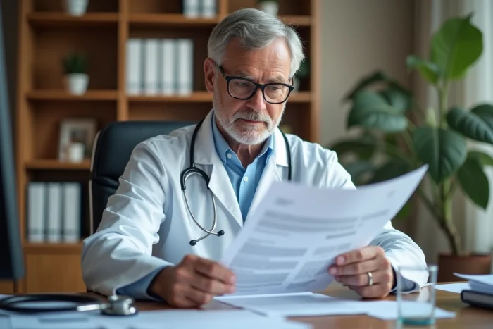 Médecin généraliste examinant des résultats d'analyses dans son cabinet, dans le cadre d'un suivi du traitement par Levothyrox